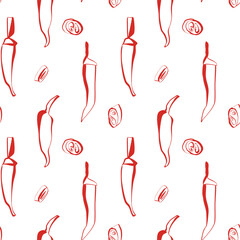 White chili pepper seamless pattern with sliced elements on bold red background for kitchen branding and food packaging
