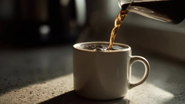 Pouring Freshly Brewed Coffee into White Ceramic Cup on Kitchen Countertop with Natural Sunlight Creating Cozy Morning Atmosphere in Home Environment Perfect for Breakfast or Relaxation Moments