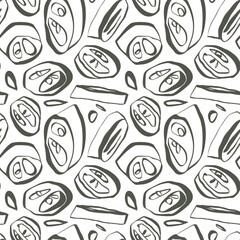 White jalapeno slices seamless pattern with hand drawn lines on warm green background for surface design and product packaging