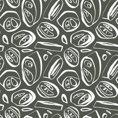 Jalapeno pepper slices seamless pattern with white line art on warm green background for kitchen textile and packaging design
