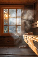 In the sauna room, warm light falls on the wooden bench