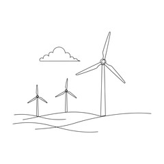 Wind turbines on a hill with a cloud in a minimalist line art style on a white background landscape view