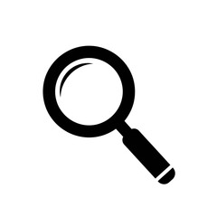 A simple black and white illustration of a magnifying glass with a handle on a white background