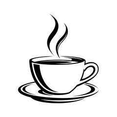 A minimalistic black and white illustration of a steaming cup of coffee on a saucer design