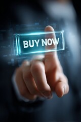 a hand reaching towards a large glowing "Buy Now" button