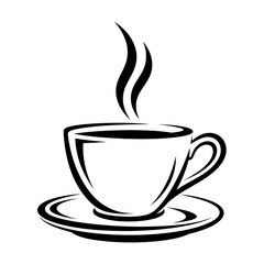 A simple black and white illustration of a steaming cup of coffee on a saucer with a handle design