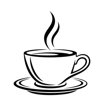 A simple black and white line drawing of a steaming cup of coffee on a saucer with a handle design
