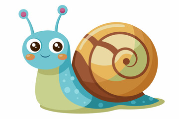 Bright and cheerful cartoon snail character with a vibrant orange spiral shell, blue body, and big smiling face. 