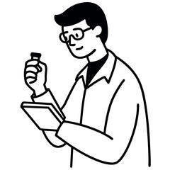 Side view technician writing data holding small object black and white illustration