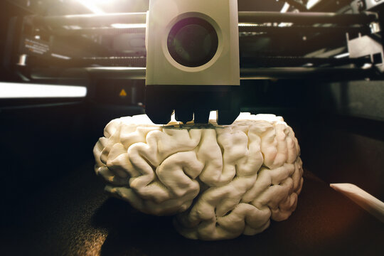 3D printing of a human brain model &ndash; dramatic front view with lens flare highlighting FDM printer extrusion during rapid prototyping for neuroscience and medical research.