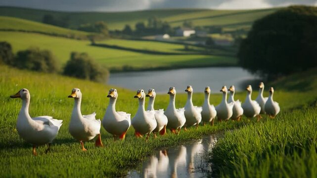 Geese Marching in Serene Landscape: A graceful parade of domestic geese waddles purposefully along a grassy bank towards a tranquil lake reflecting the soft light of day.