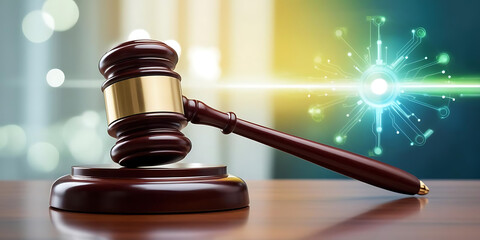 A wooden gavel rests on a table, with a glowing light beam 