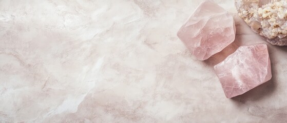 Beautiful rose quartz crystals on a soft surface