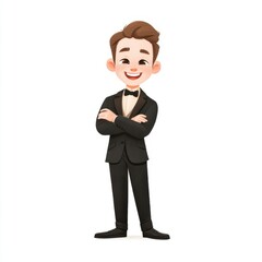 Obraz premium Groom Portrait Clipart : Groom in black tuxedo with bow tie, smiling, clean vector clipart. Wedding Clipart 