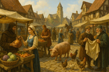People and animals bustling in a vibrant market scene in a painting.