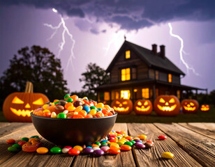 Lightning crackles above a haunted house while a candy bowl glows in the foreground. Halloween magic and mischief come alive in this dramatic scene.