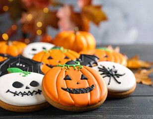 A batch of colorful Halloween cookies shaped like pumpkins, spiders, and skulls lies on a dark surface. Perfect for seasonal treats or festive decoration