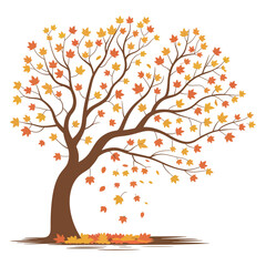 A minimalist illustration of an autumn maple tree with a brown trunk and branches against a white background