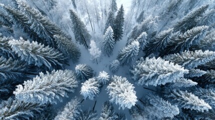 aerial view of a forest in winter covered with snow