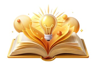 Open book with a glowing light bulb isolated on white background