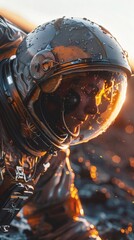 Fototapeta premium An astronaut is spacewalking with earth in the background, soft sunlight illuminating the spacesuit