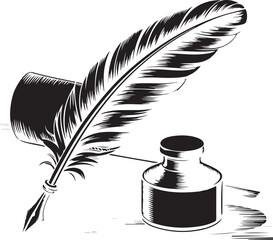 engraving vintage quill inkwell on parchment vector art illustration, old vintage quill design. 