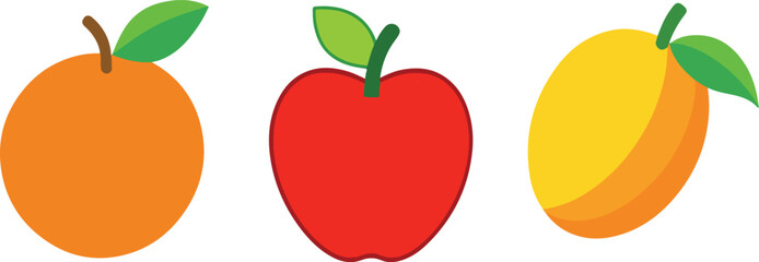 Simple Vector Illustration of Orange Apple and Mango Fruits on a White Background