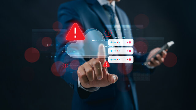 Cloud server error and cybersecurity warning with businessman managing data system through mobile and touch interface, breach alert, data center risks and digital infrastructure failure.