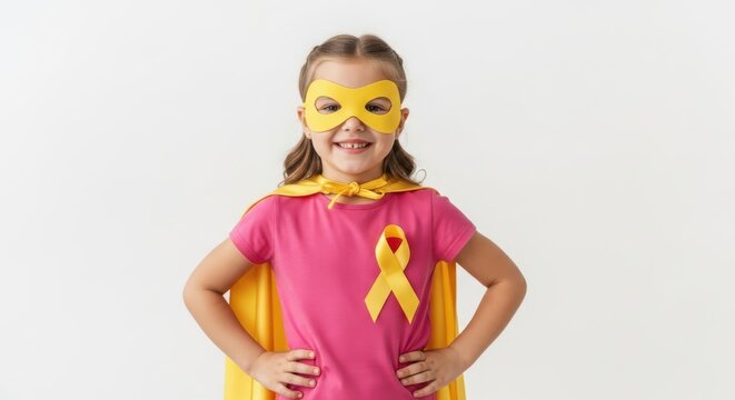 Girl dressed as a superhero for childhood cancer awareness month - Powered by Adobe