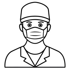 Surgeon Wearing Surgical Mask and Cap Line Art Illustration
