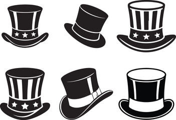 Set of black and white hat icons including top hats and classic styles vector illustration