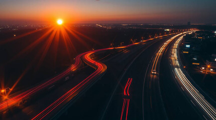 Obraz premium Sunset Highway at Night: City Traffic Trails