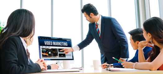 Video Marketing Concept on Laptop Screen. Video Marketing Advertising Business on Social Media and...