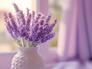 A few sprigs of lavender are placed in a vase, with delicate petals and a soft background
