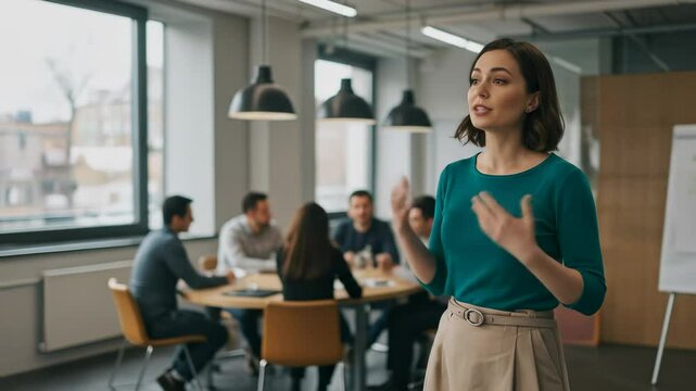 Business Meeting: Woman Presenting to Team in Modern Office - Strategy, Innovation, Collaboration