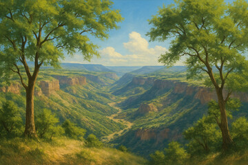 Valley with trees and mountains in the background in a painting.