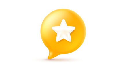 Vector illustration of realistic yellow color speech bubble with star on white background. 3d cartoon style design of communication icon. Social media symbol of text speech bubble with star