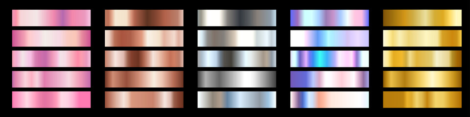 Vector set of different foil metallic gradient. 3d realistic style design of rose gold, silver, holographic, yellow gold and bronze color shiny gradation texture. Metal effect illustration in frame