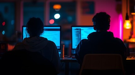 Fototapeta premium Students engage in online learning through web courses, where the interplay of light and screen outlines showcases their focus and efficiency in studying