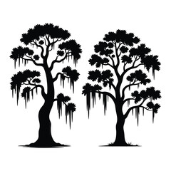 Black silhouette of cypress trees with moss vector art

