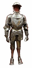 This eye-level, full-shot captures a gleaming, authentic medieval knight's suit of full plate...