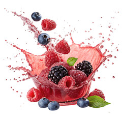 Mixed berries splashing in juice isolated on transparent background