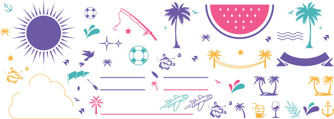 set of summer with icons and stickers. Collection flat elements for vacation, beach holiday, weekend and summer time concept.