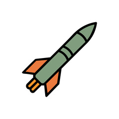 Flat color vector illustration of a cartoon military missile with orange fins and fire trail, modern weapon icon for war, rocket launch, defense technology, combat strike, and explosive projectile