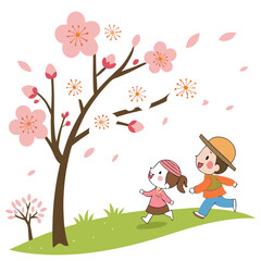 Joyful Children Run Under a Blossoming Cherry Tree Illustration