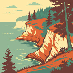 A scenic illustration of Pictured Rocks National Lakeshore with cliffs, water, and trees