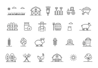 modern agriculture and farm icon set for organic food, harvest, and rural life in thin line vector