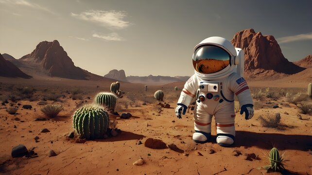 Astronaut Exploring Alien Desert Landscape with Cacti