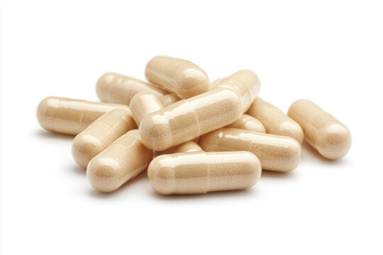 Beige capsules and single tablet on white background