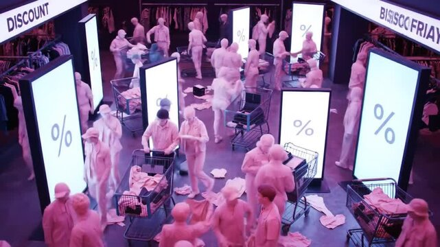 Hyperreal Black Friday Shopping Spree: A monochromatic dreamscape of consumerism